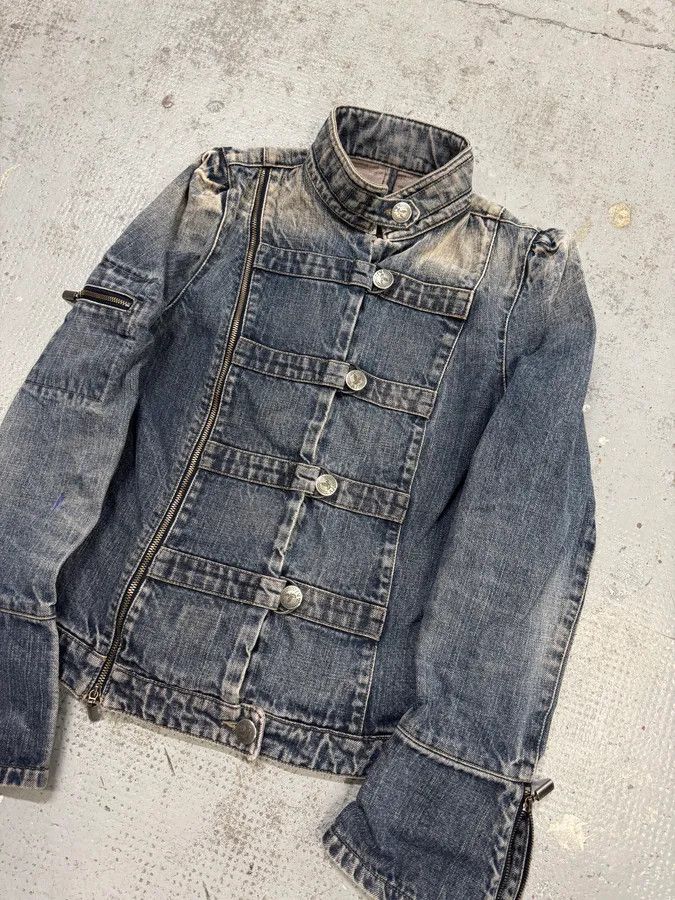 2000s Armani Samurai Buttoned Zip Faded Denim Jacket