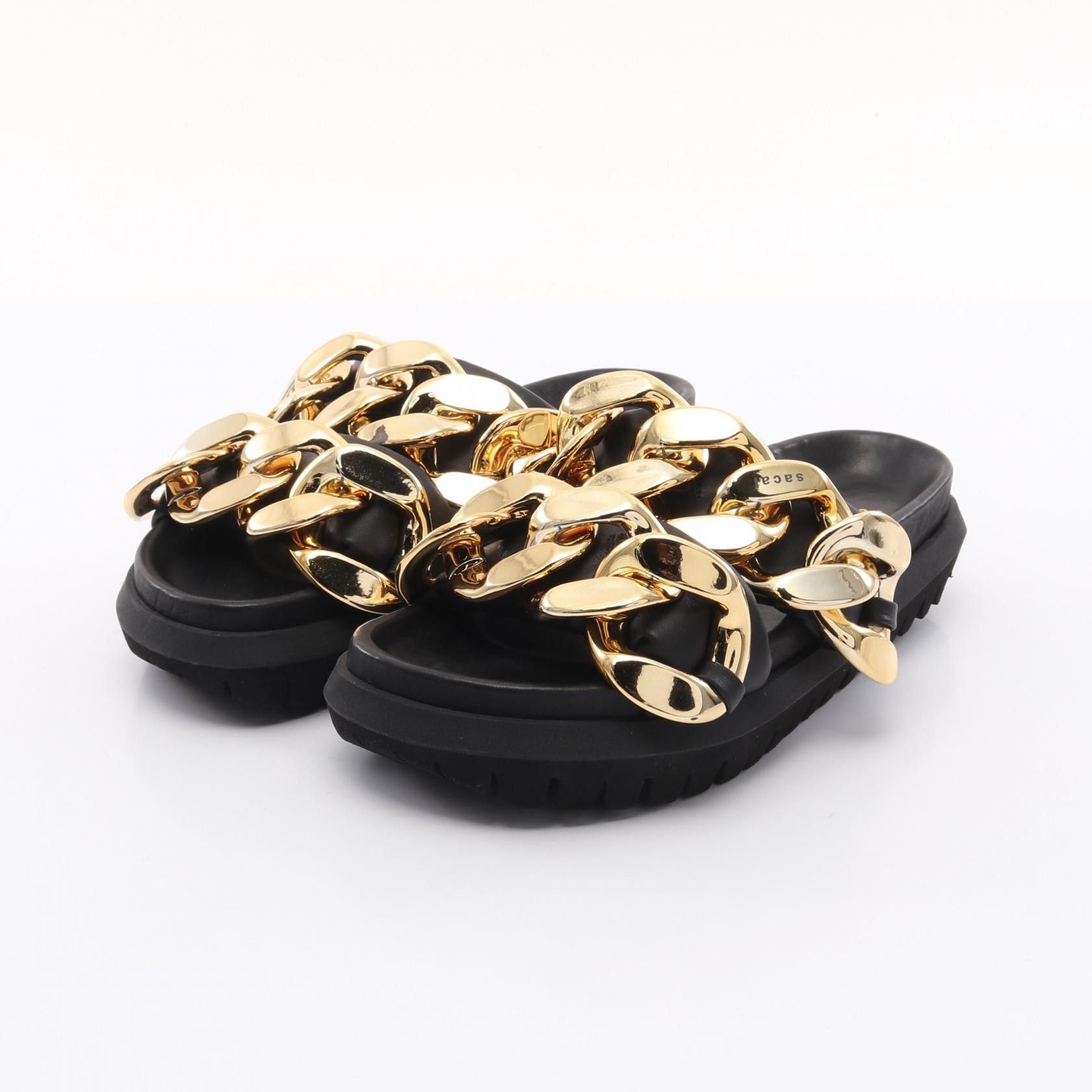 Sacai Sacai Cuban Chain Slides Leather Sandals Leather Shoes in Black, Women's