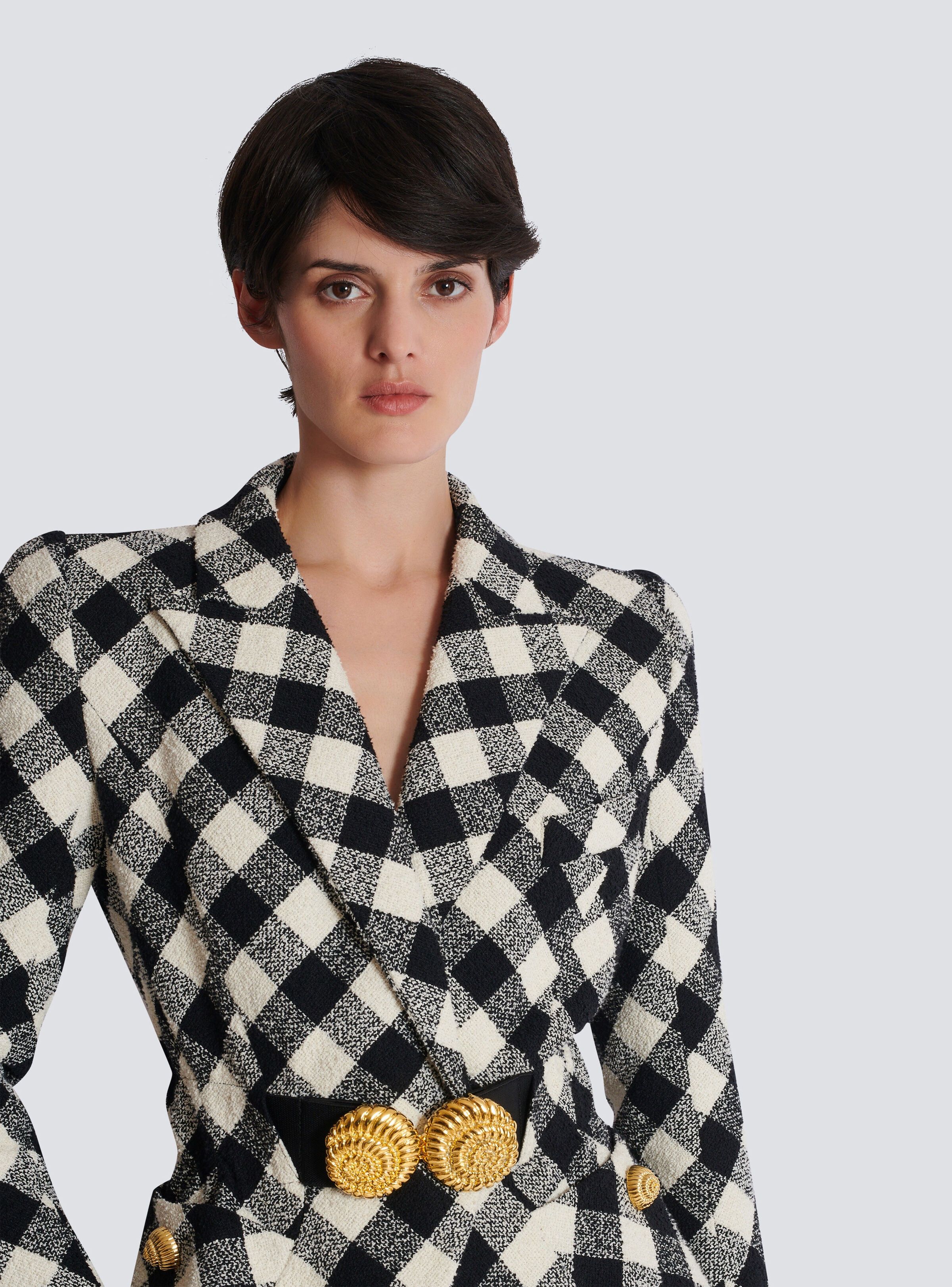 Balmain o1s1wg111025 Belted Gingham Tweed Jacket in Black/White Size L / US 10 / IT 46 - 8 Thumbnail