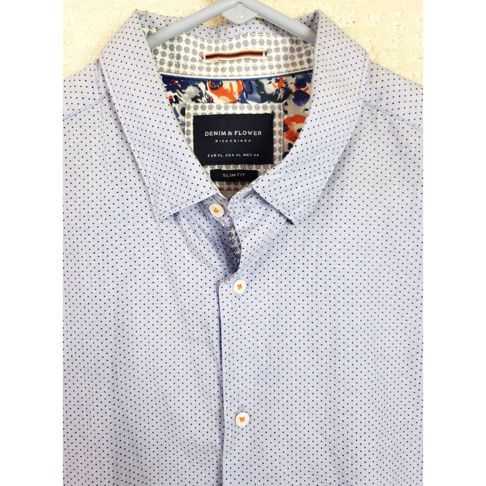 Denime Denim & Flower Shirt XL Blue Polka Dot Slim Fit Lined Short Sleeve Button-Up Men’s Classic Casual (Mens) Size US XL / EU 56 / 4 - 3 Thumbnail