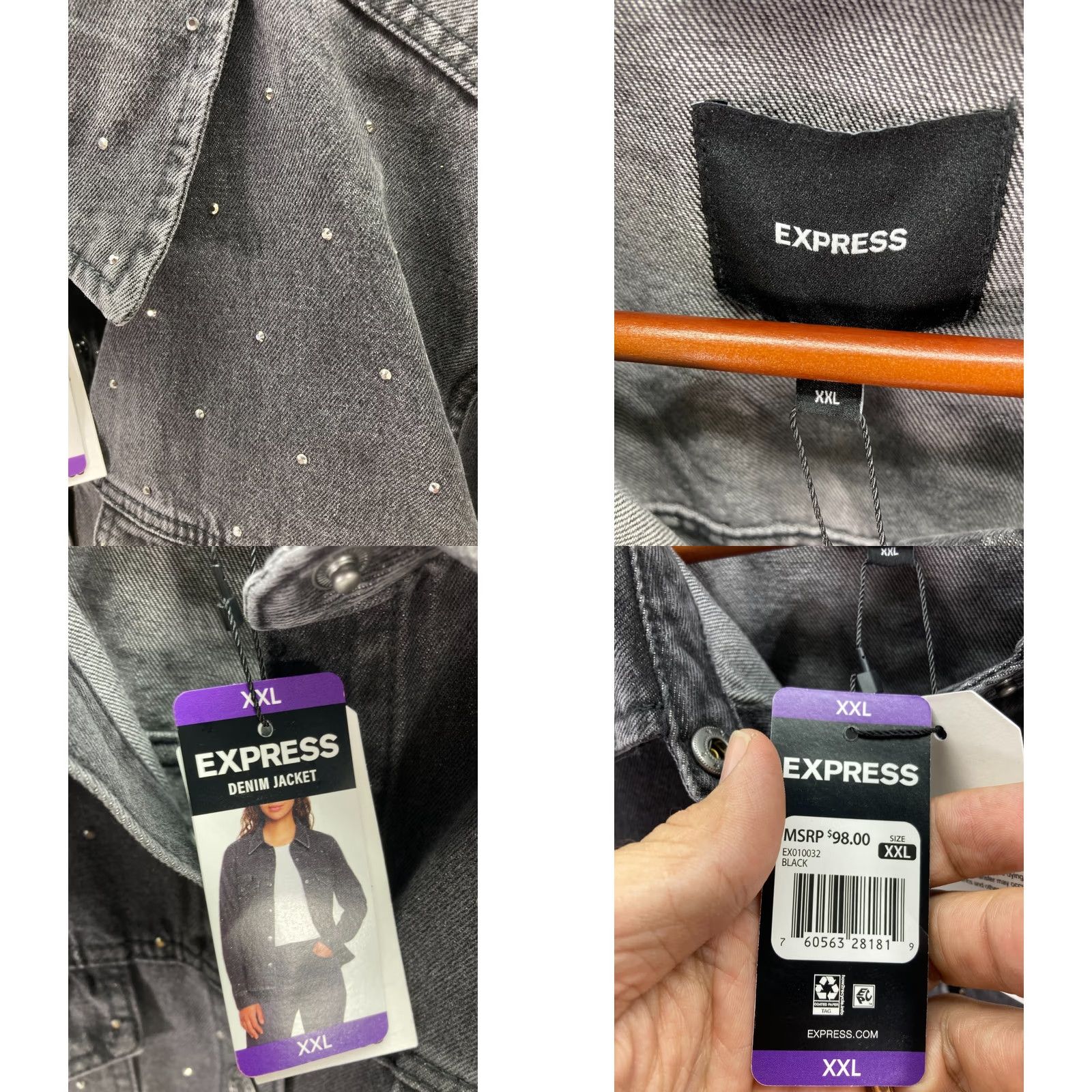 Express VINTAGE Express Jeans Denim Jacket Womens 2XL Black Snap Front Rhinestone Western NWT Size 40" / US 18 - 8 Thumbnail