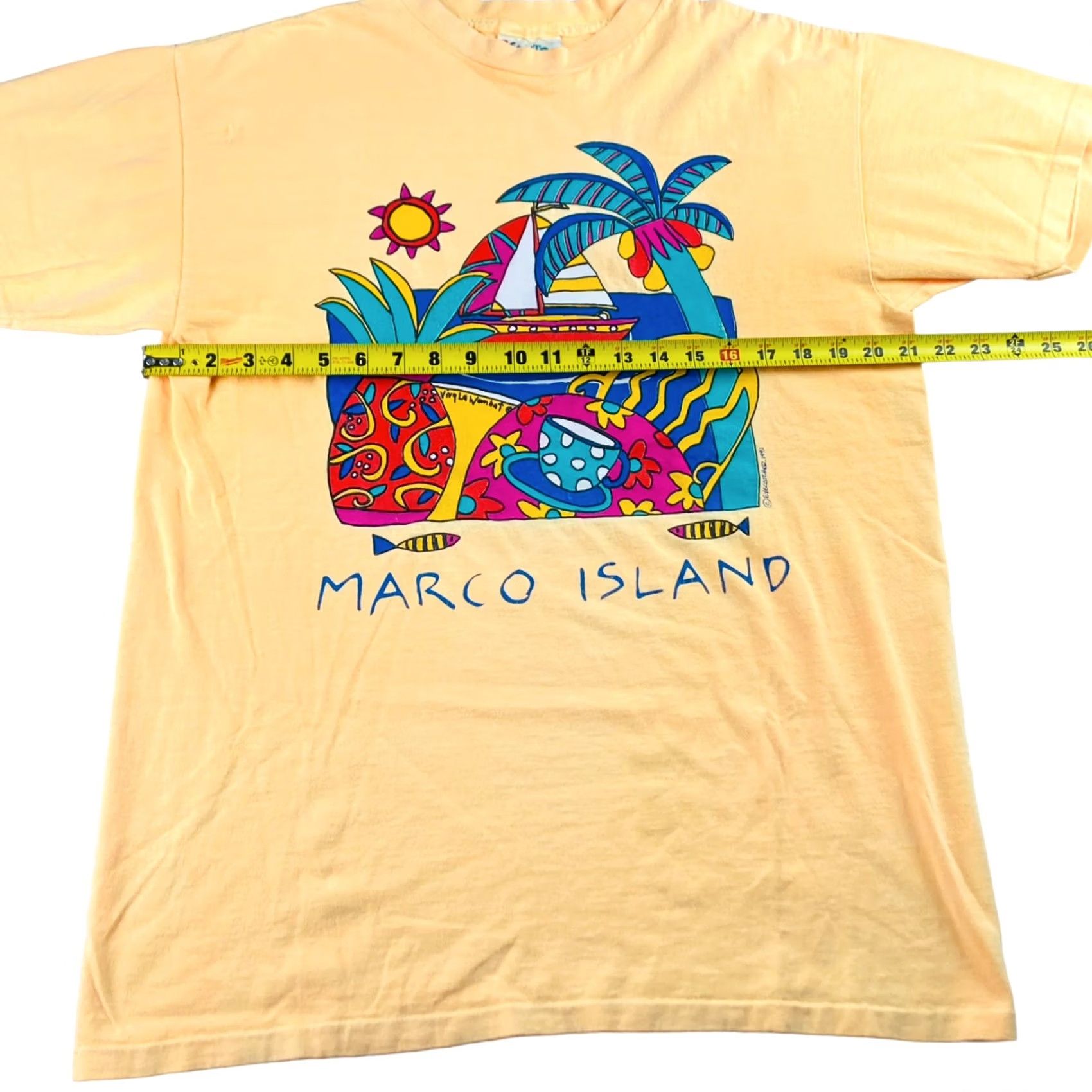 Vintage VTG Marco Island Single Stitch S/S Graphic T-Shirt Yellow Large Unisex 1990s Graphic Tee MTI Sportswear/Beach Mens Womens Size US XL / EU 56 / 4 - 6 Thumbnail