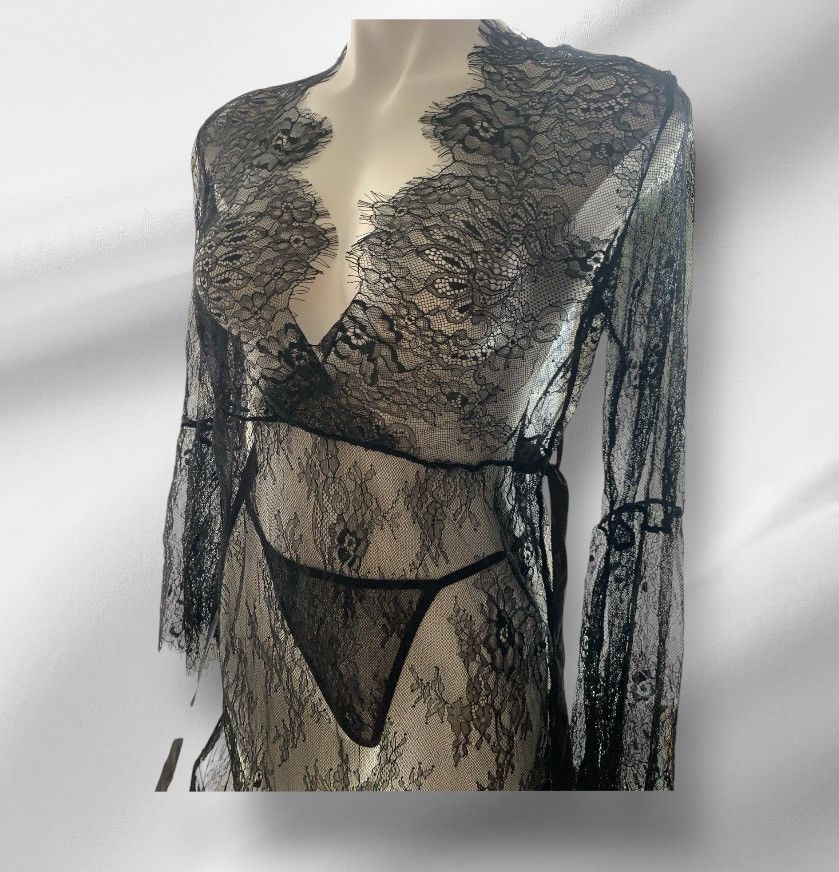 Designer NWT Long Sleeve Sheer Dress Robe Thong Set Black Size M / US 6-8 / IT 42-44 - 7 Thumbnail
