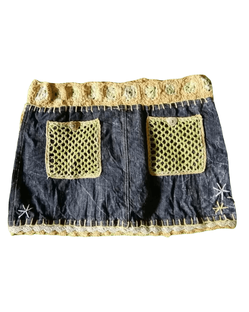 Vintage Hammock Denim Mini Skirt Insane Y2K Handmade Crochet Nepal Size 29" - 3 Thumbnail