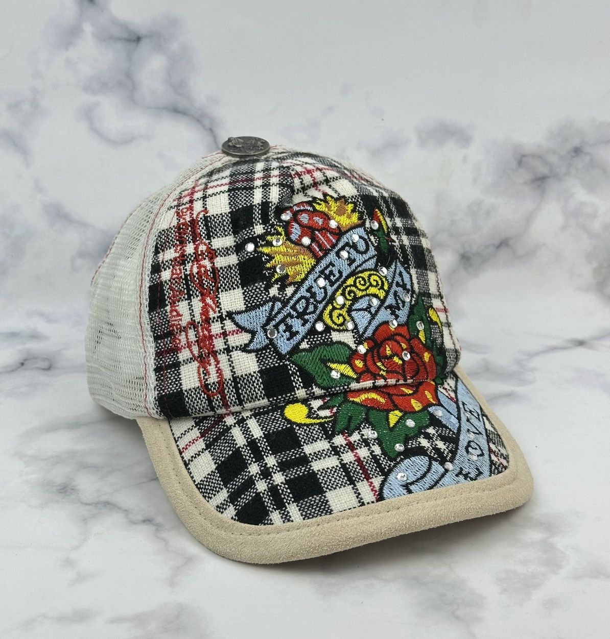 Ed Hardy Vtg Ed Hardy x Red Monkey Trucker Hat Plaid Tattoo Y2K Cap Size ONE SIZE - 1 Thumbnail