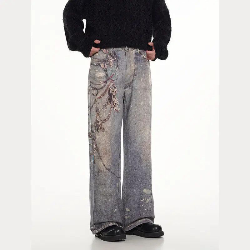 Japanese Brand × Jean Retro loose wide leg printed chain jeans Size US 32 / EU 48 - 6 Thumbnail