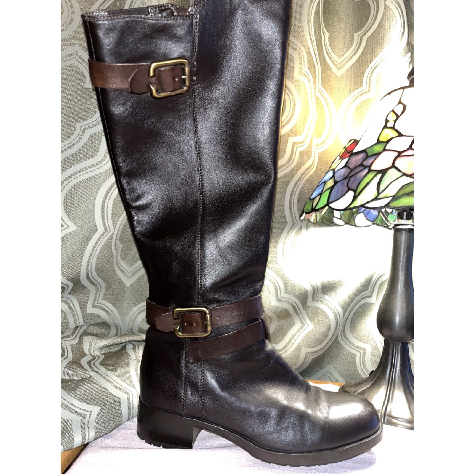 AGL Women's Brown Leather Knee High Boots Size US Buckle Zipper