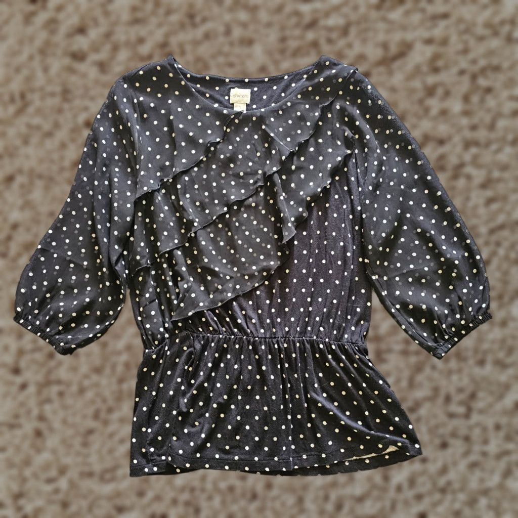 Vintage Chicos Top Womens M Black Polka Dot Peplum Ruffle Career Casual Shirt Size M / US 6-8 / IT 42-44 - 1 Thumbnail
