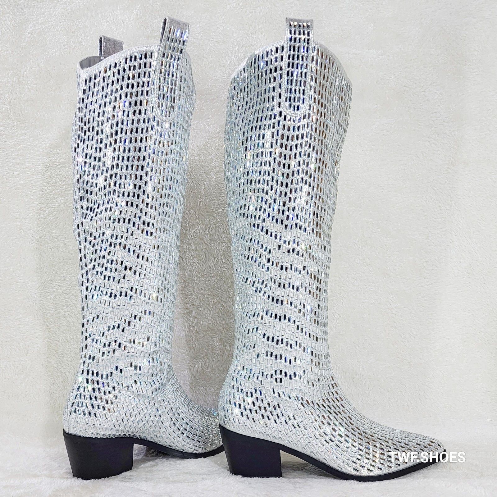 Other Shattered Silver Rhinestone Western Cowgirl Knee Boots NEW ( Size US 6 / IT 36 - 5 Thumbnail