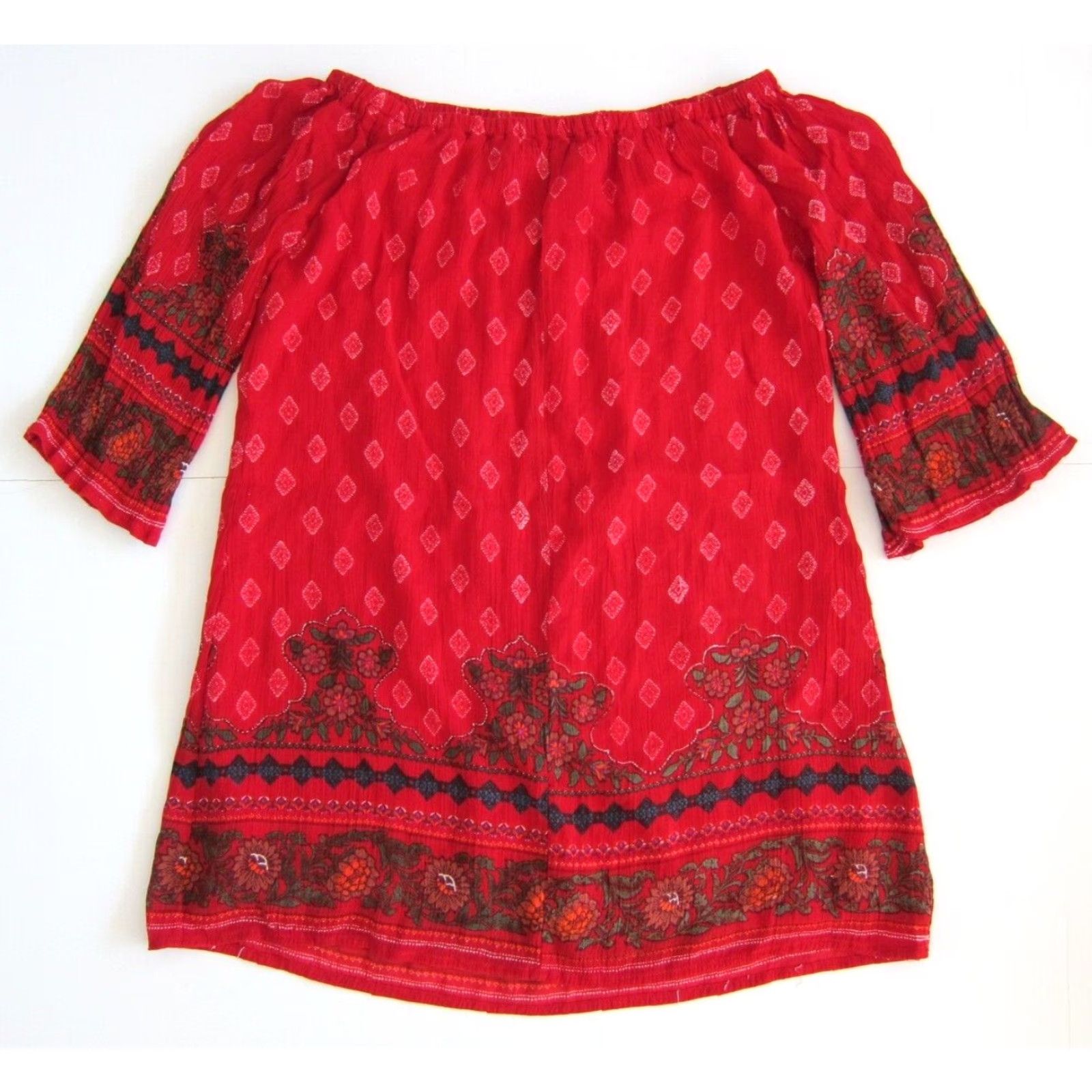 Anthropologie Lapogee Anthropologie 100% Rayon Red Floral 3/4 Sleeve Tunic Dress Small Women Size S / US 4 / IT 40 - 2 Thumbnail