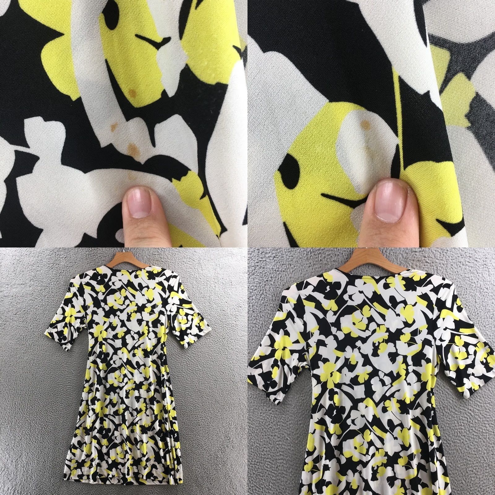 DKNY DKNY Dress Womens L Floral Yellow Black White Faux Wrap Ruched Elbow Sleeve Knee Length Casual Womens Size L / US 10 / IT 46 - 8 Thumbnail