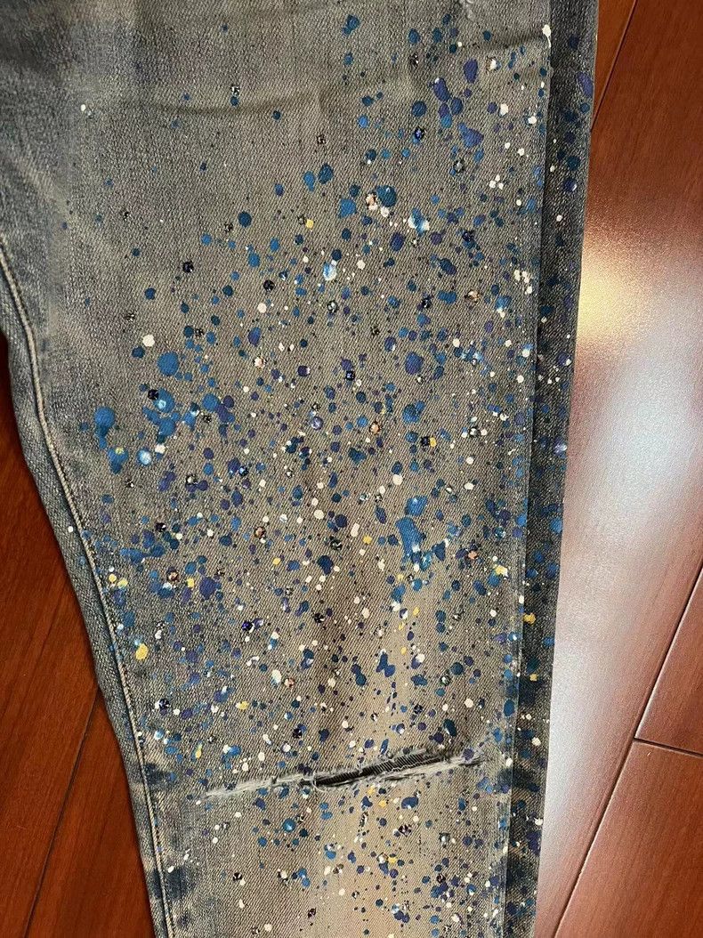 Amiri Amiri ink splatter diamond studded single blue jeans Size US 32 / EU 48 - 2 Thumbnail