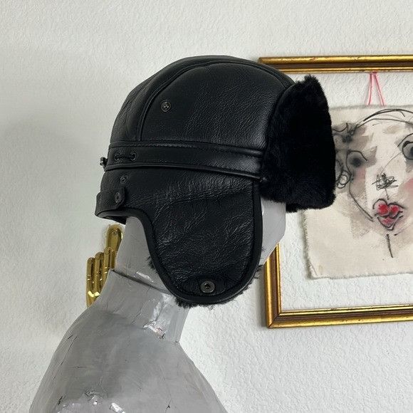 Vintage Leather Sheepskin Lined Trapped Pilot Earmuff Flap Hat Size ONE SIZE - 2 Thumbnail