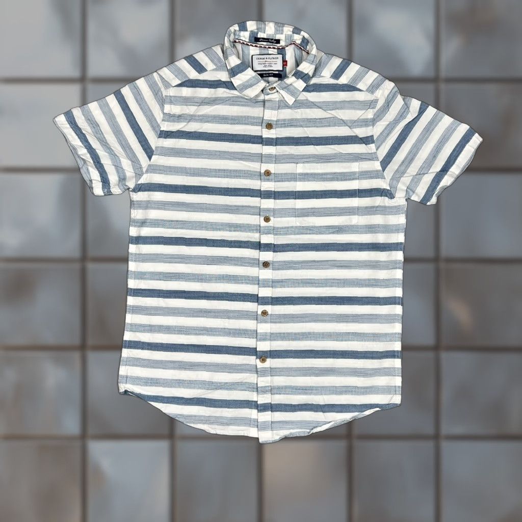 Denime DENIM & FLOWER Shirt Button-Up Denim Striped Multicolor Men Medium Shirt Button-Up Collared Short Sleeve Regular Mens Size US M / EU 48-50 / 2 - 1 Thumbnail