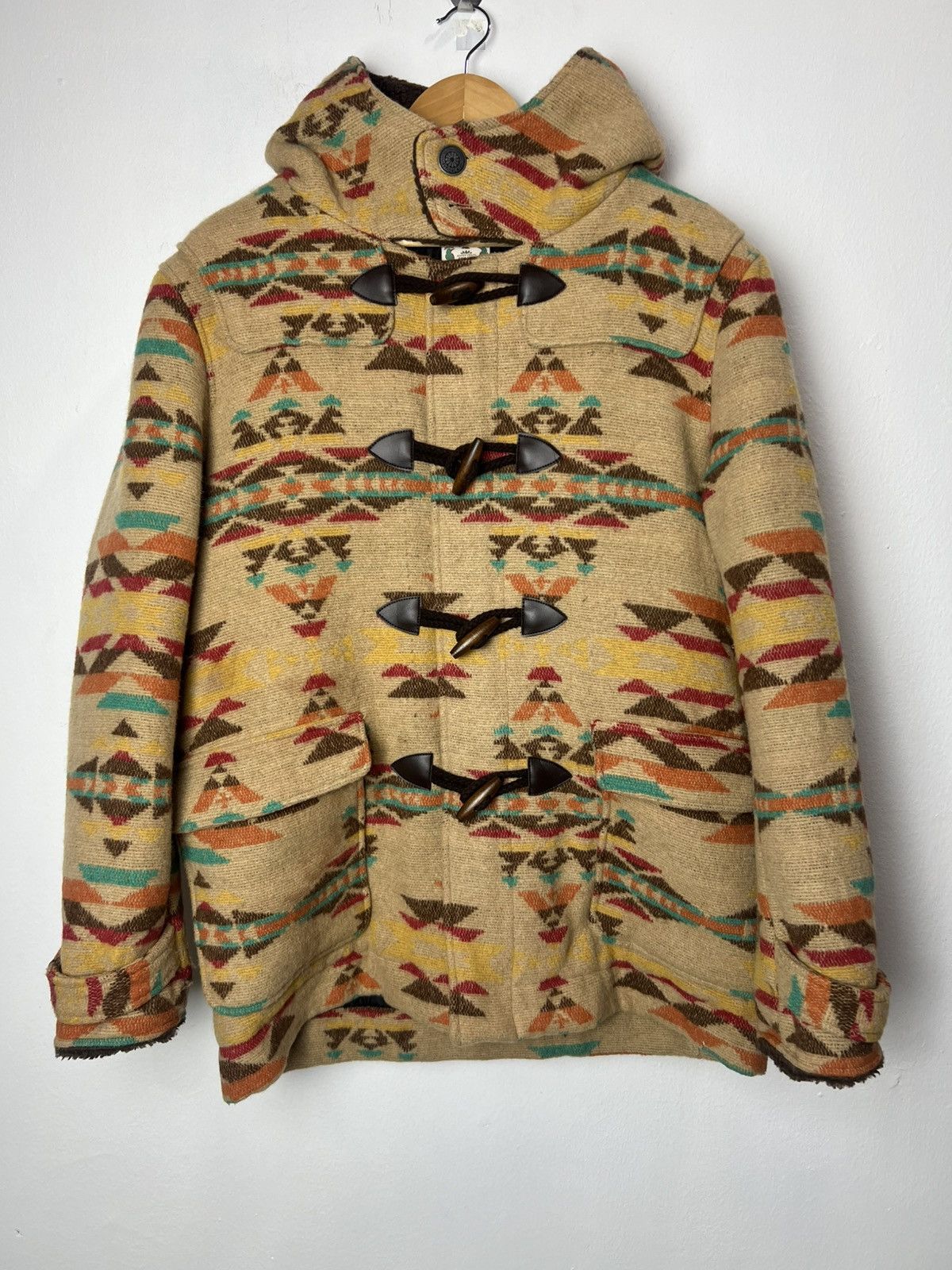 Japanese Brand Titicaca Navajo Style Aztec Hooded Wool Duffel Coat Size US L / EU 52-54 / 3 - 1 Thumbnail