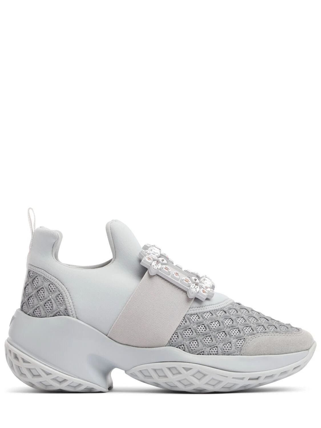ROGER VIVIER Viv Run Strass Buckle Gray Fabric Sneakers New