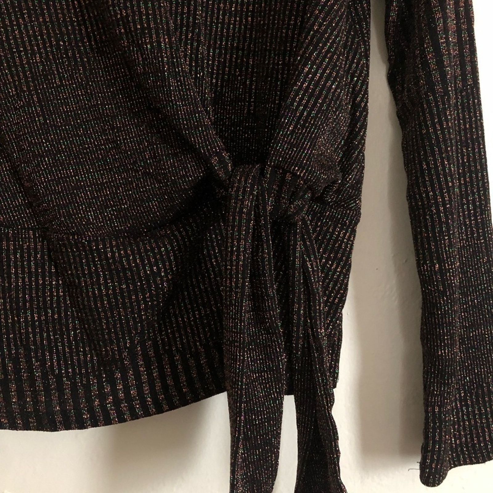 Other Hazel Black Sparkly Metallic Long Sleeve Tie Blouse Top Size XL / US 12-14 / IT 48-50 - 3 Thumbnail