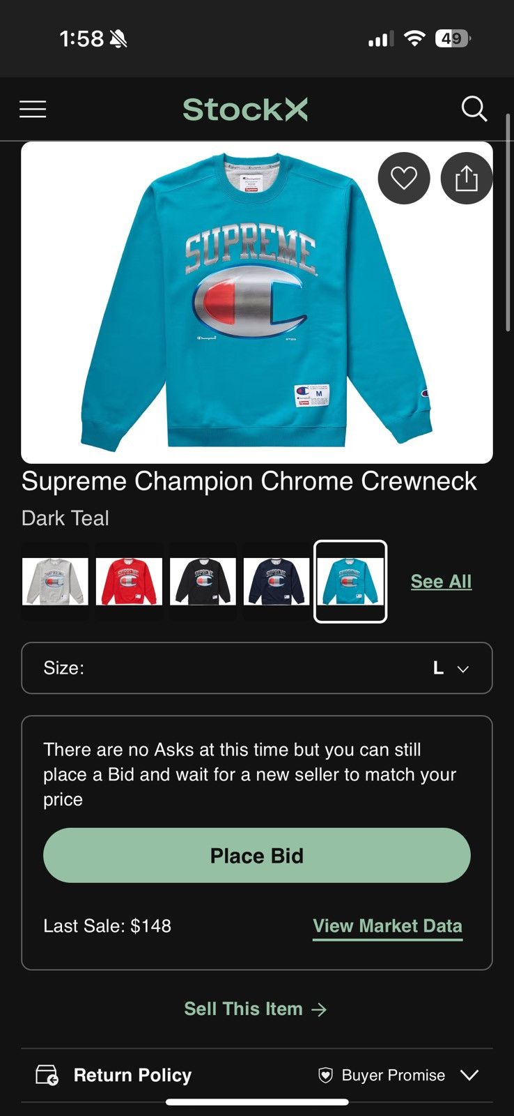 Supreme × The North Face Supreme Champion Chrome Crewneck Dark Teal (SS19) Size US L / EU 52-54 / 3 - 7 Thumbnail