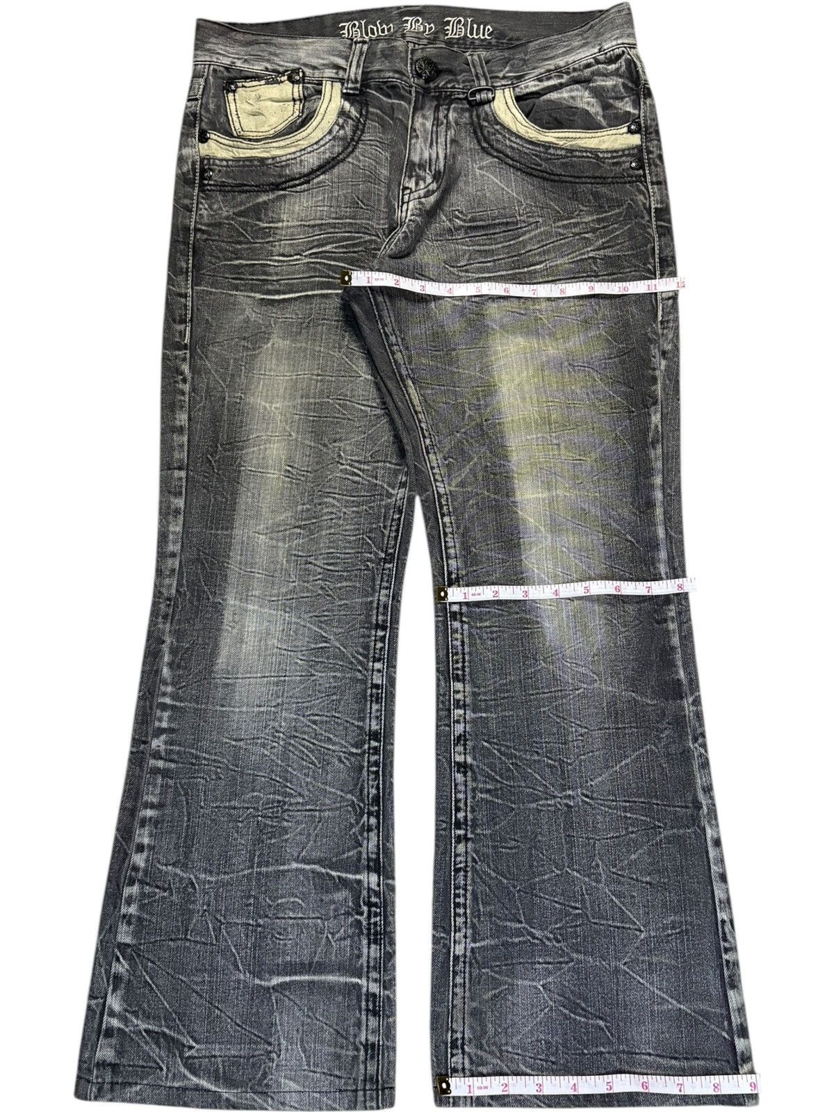 Japanese Brand Vintage Japanese Blow by Blue Cracked Wash Flare Jeans Size US 33 - 14 Thumbnail