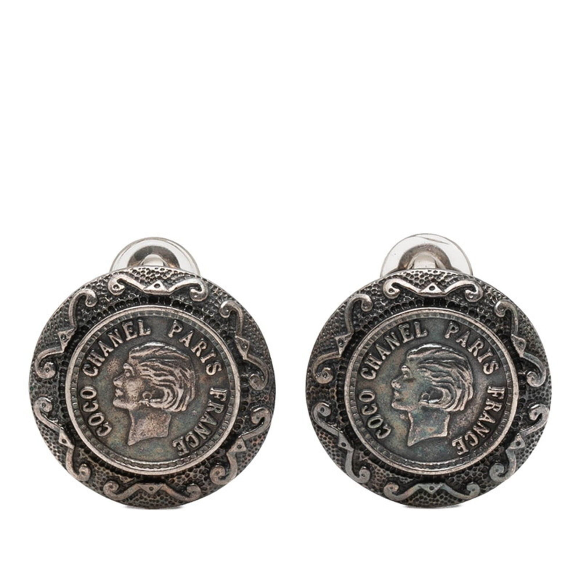 Chanel Chanel coin motif round earrings, vintage, 96A hallmark, black metal, women's. Size ONE SIZE - 1 Thumbnail