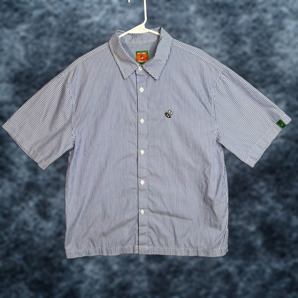 VINTAGE Melting Sadness Men's Short Sleeve Button-Up Shirt Size Medium Blue Striped Cotton 90s