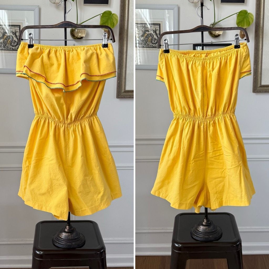 Vintage Vintage 80s Maurice Michaels Yellow Romper Ruffle M L Size 32" / US 10 / IT 46 - 1 Thumbnail