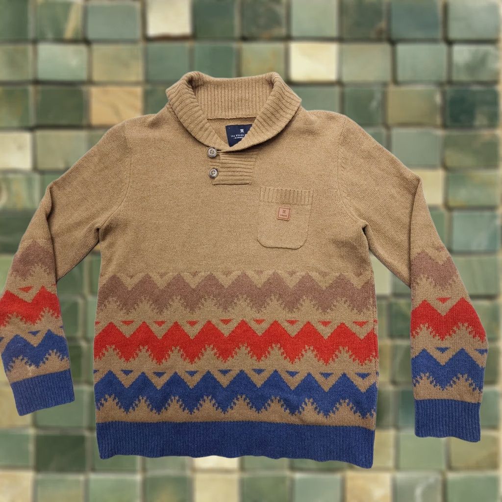 Roark Roark Mens Sweater Geometric Knit Collared Wool Blend Button Pullover Aztec Southwestern Multicolor M Size US M / EU 48-50 / 2 - 1 Thumbnail