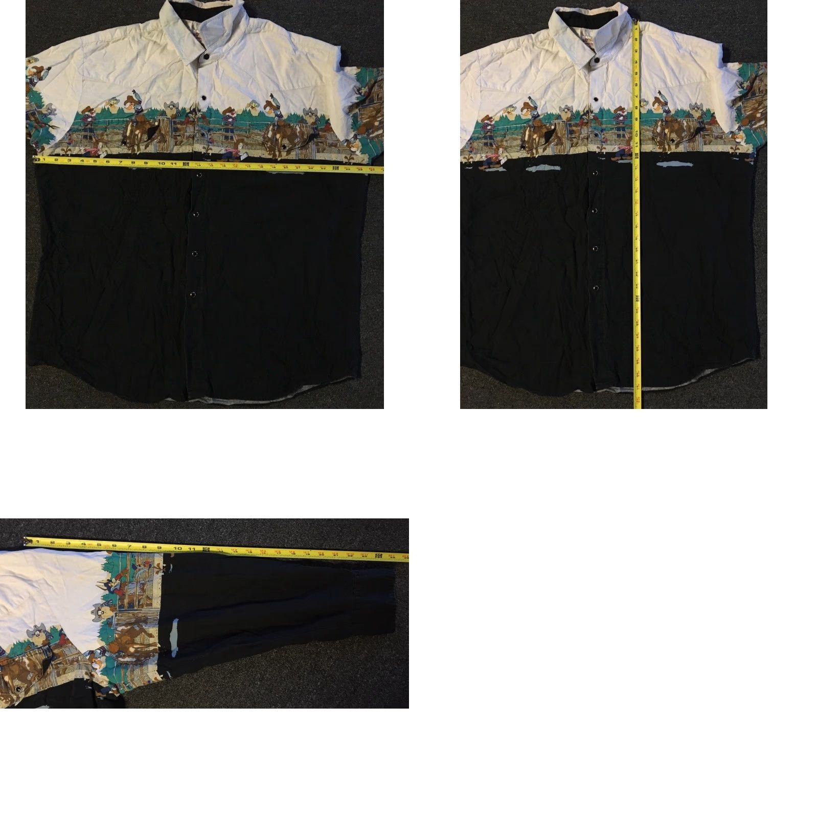 Vtg 90s Looney Tunes Faded Pearl Snap Shirt XXL Bugs Bunny Cartoon Western Shirt Mens 2XL Black T-Shirt Disney Warner Bros Holiday?