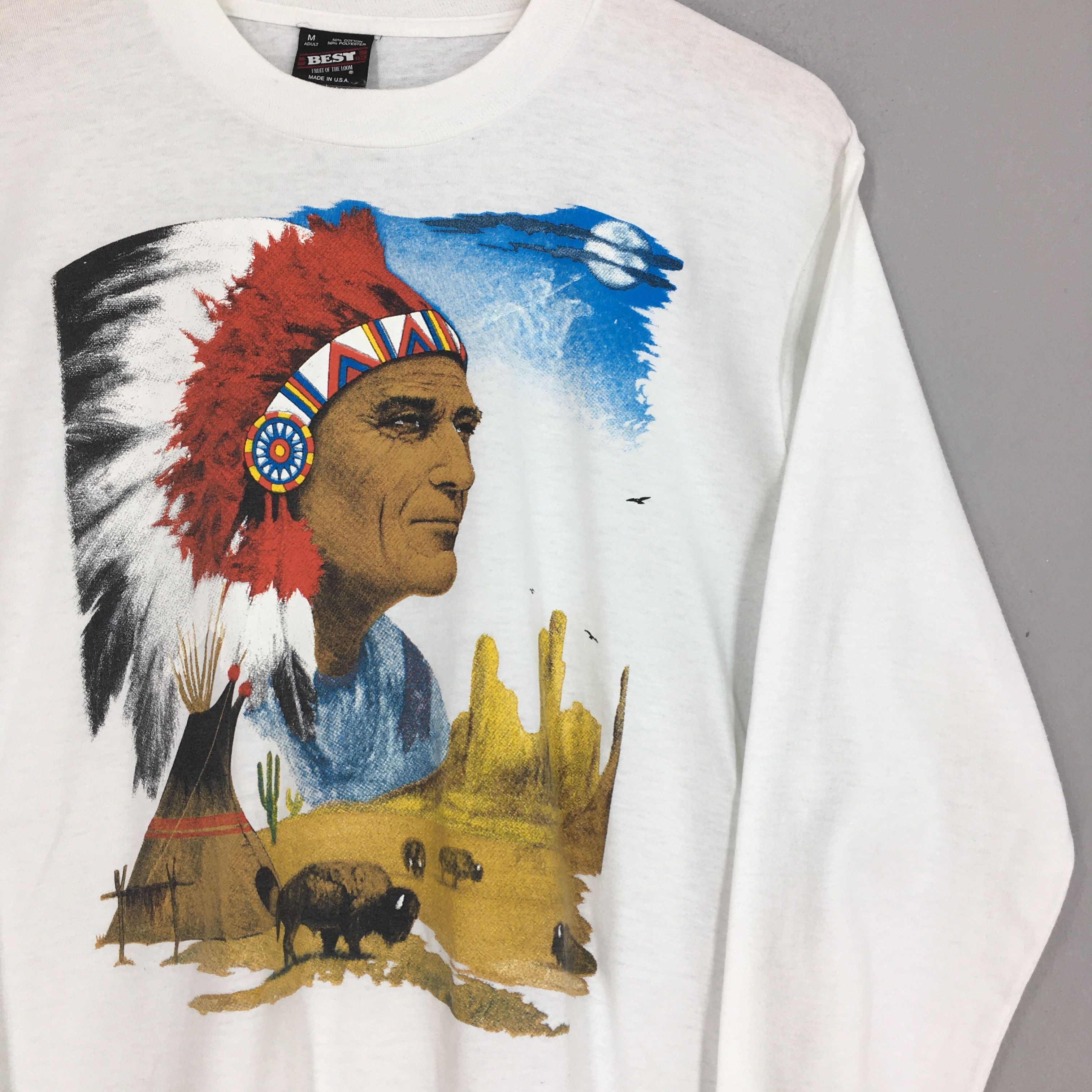 Fruit Of The Loom × Native Vintage 90's American Native Red Indian Tshirt Medium Size US M / EU 48-50 / 2 - 2 Thumbnail