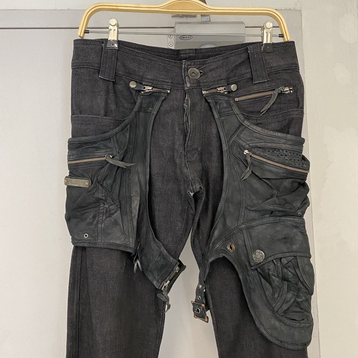 パンツ 14th addiction leather switching denim 14th Addiction Holster Hybrid Leather Slim Fit Black Jeans