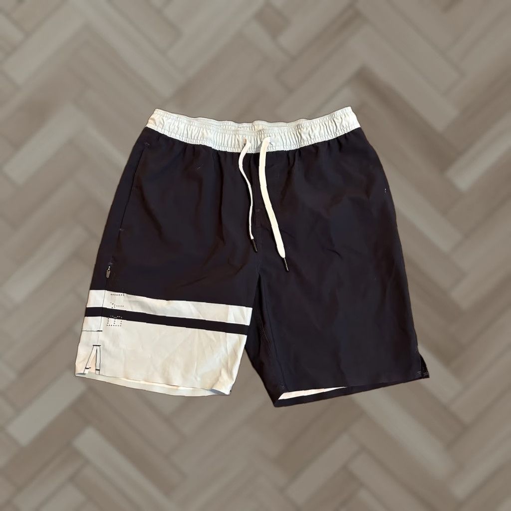 Swims BYLT Coastal Board Shorts Lightweight Pockets Blue Medium Men's Swim Bottoms Geometric Pattern Back Pocket Drawstring Pockets Board Shorts Mens Size US 31 - 1 Thumbnail