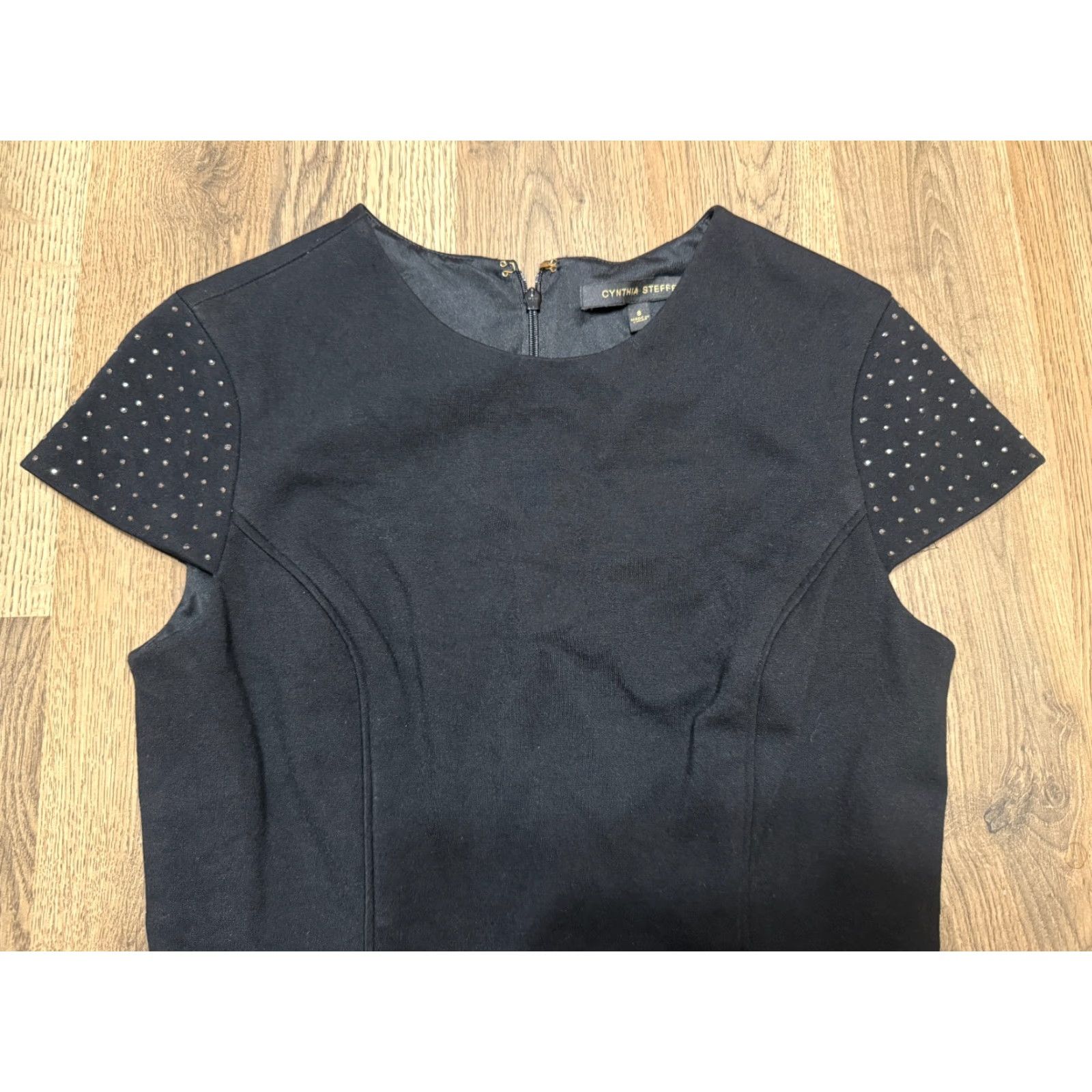 Vintage Cynthia Steffe Dress Women's Size 8 Black Gold Gems Short Sleeve Back Zip Pencil Dress Knee Length Vintage No Size 30" / US 8 / IT 44 - 7 Thumbnail