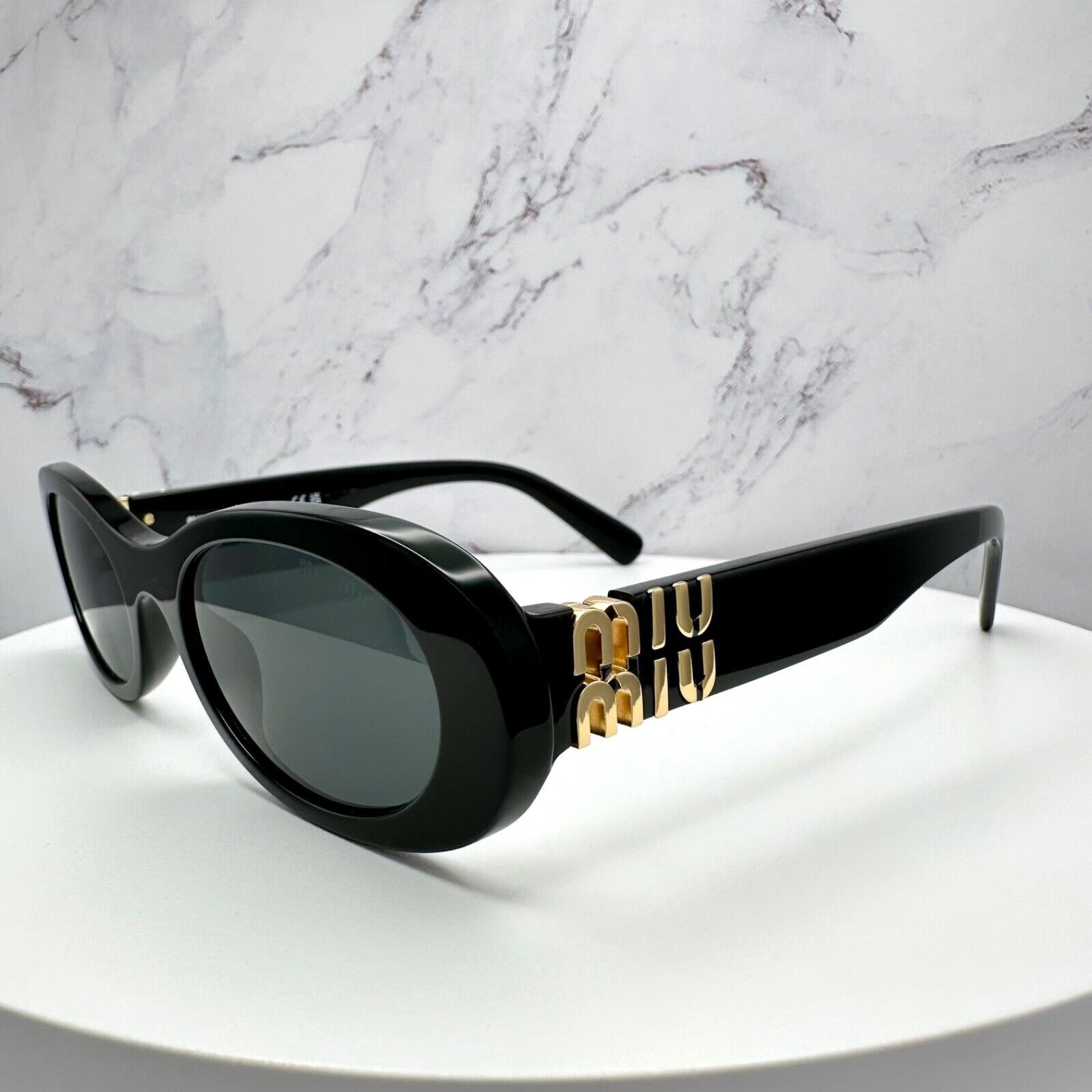 Miu Miu New MIU MIU Sunglasses Black Oval Gold Metal Logo Authentic Size ONE SIZE - 6 Thumbnail