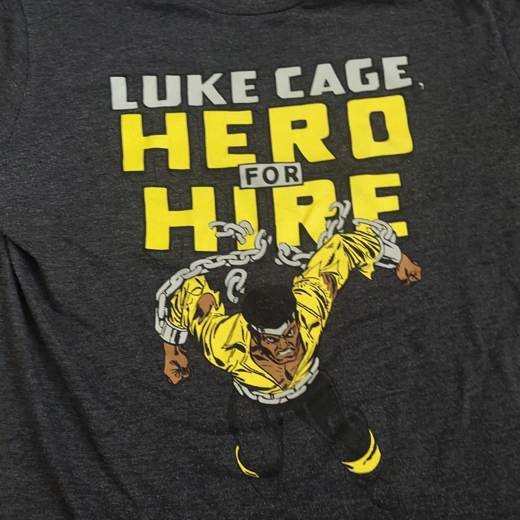 Vintage Marvel Luke Cage Hero For Hire Mens T-Shirt 70's Style Luke Under Logo Sz M Gray Short Sleeve Crew Neck Graphic Print Regular Tee Size US M / EU 48-50 / 2 - 4 Thumbnail