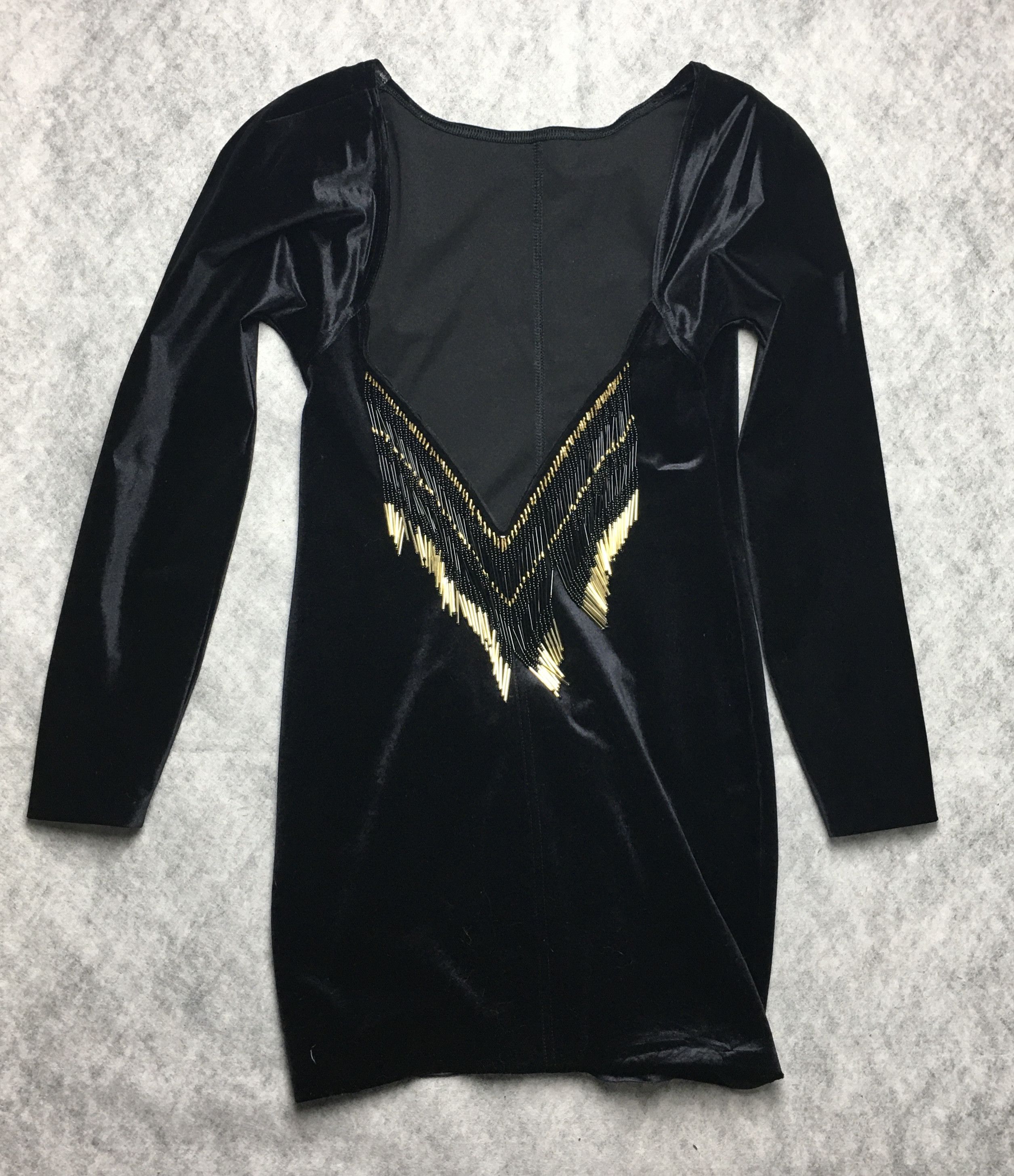 Vintage Vintage Ritmo di Perla Black Velvet Dress V-Back Gold Fringe Size L / US 10 / IT 46 - 8 Thumbnail