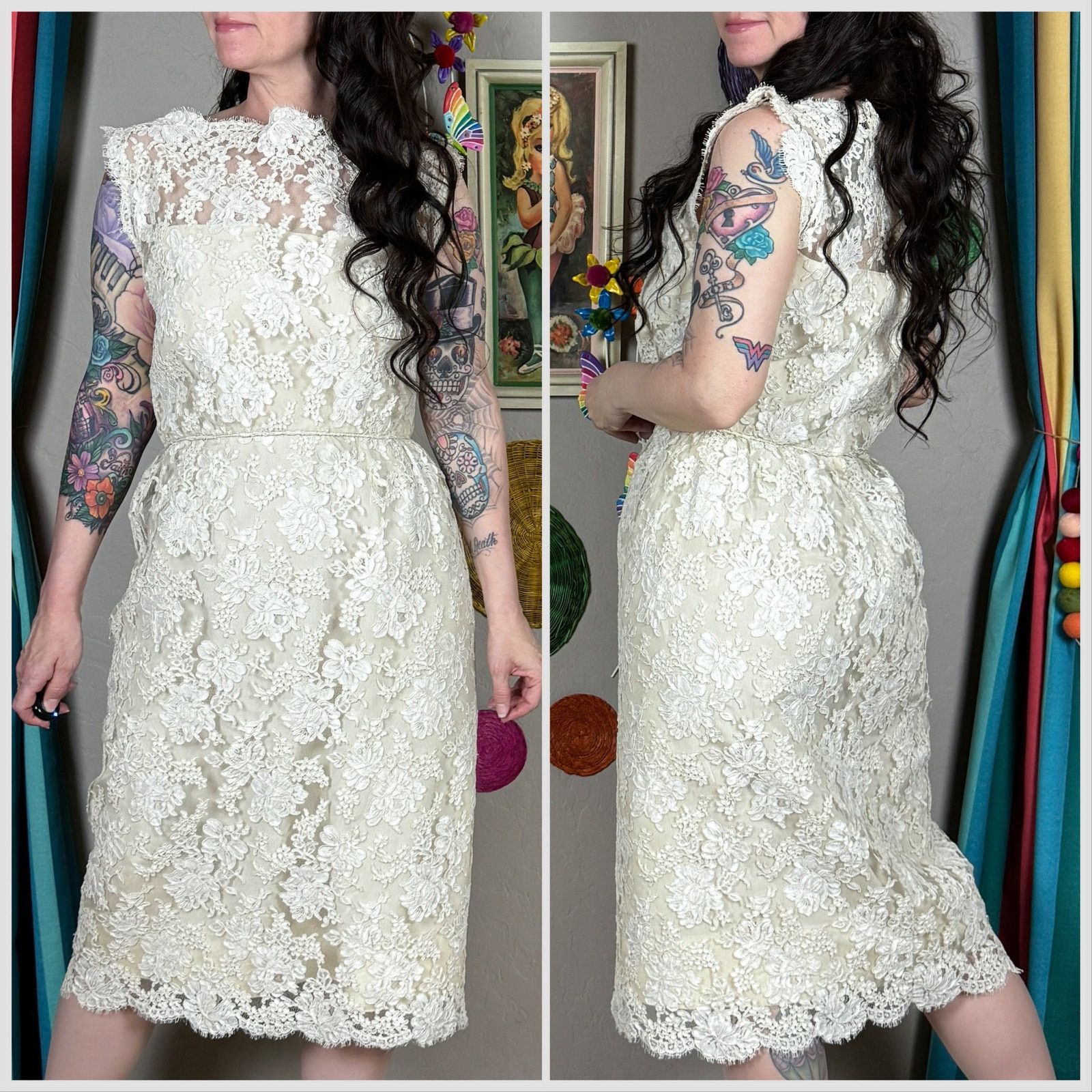Vintage 1960s Sleeveless Ivory Alencon Lace Illusion Sheath Dress Size S / US 4 / IT 40 - 3 Thumbnail