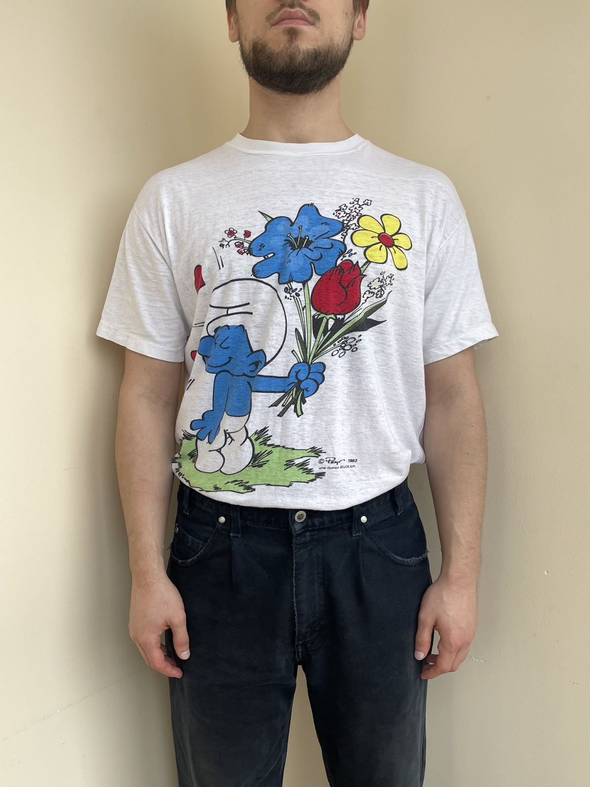 Vintage The Smurfs Enamoured Print by Peyo T-Shirt Belokapi 1983 80s Size US L / EU 52-54 / 3 - 3 Thumbnail
