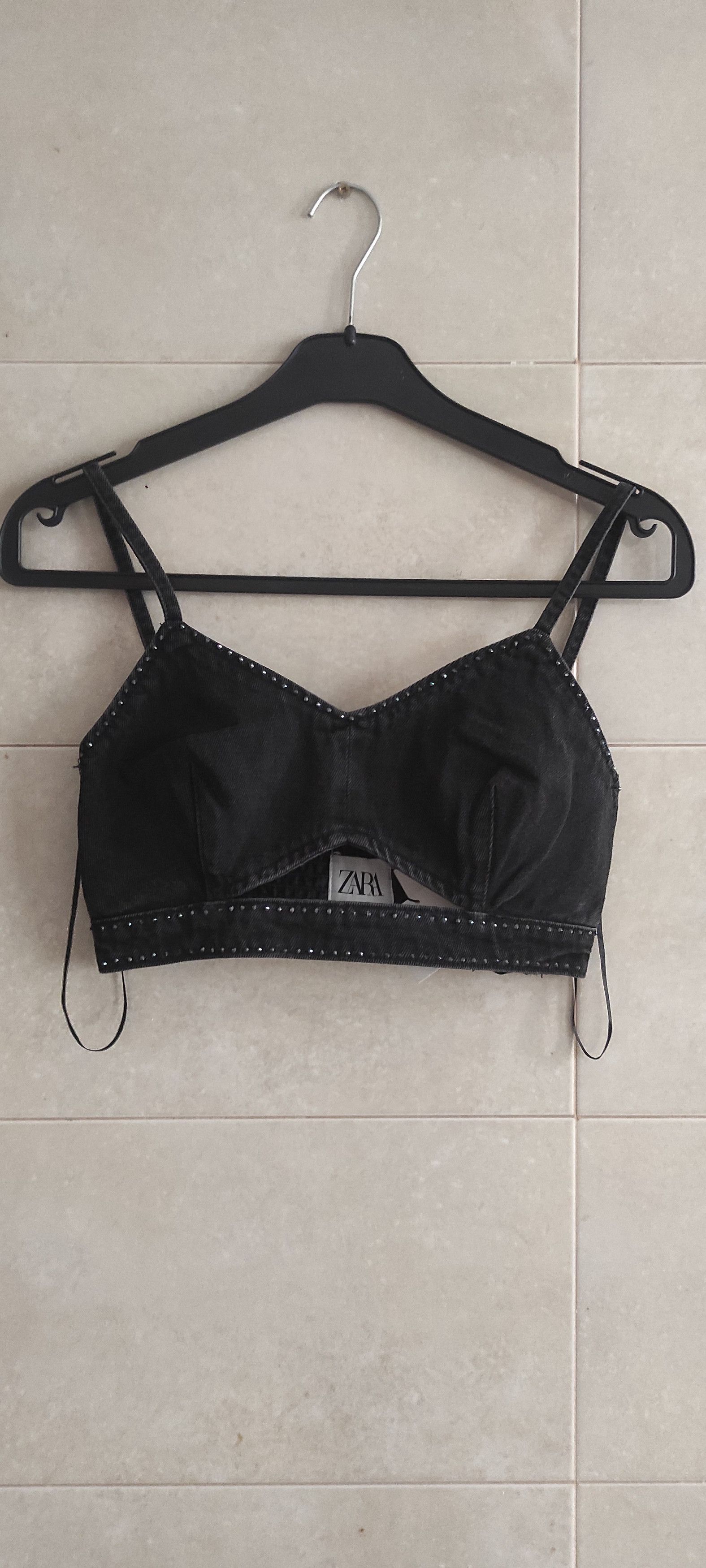 Zara Zara Rhinestone Denim Diamante Crop Top Black Jeans Size S / US 4 / IT 40 - 4 Thumbnail