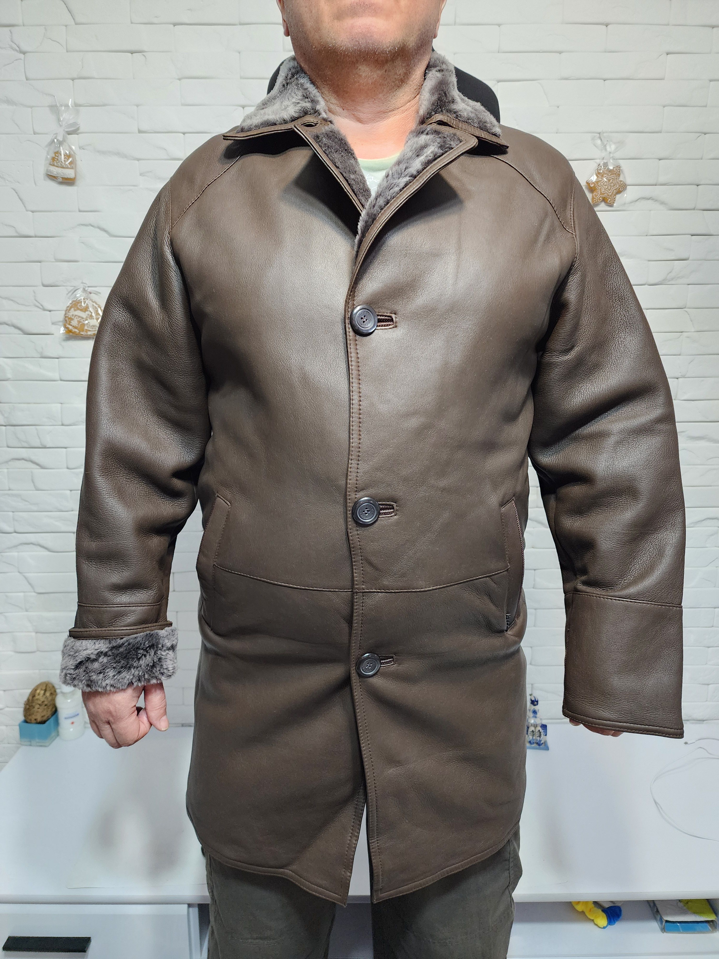 Furla Men's Brown Sheepskin Coat: Genuine Fur, Button Closure Size US L / EU 52-54 / 3 - 1 Thumbnail