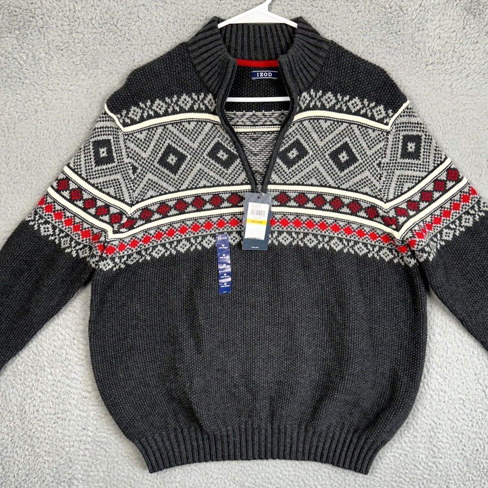 Izod IZOD Sweater Men M Gray Fair Isle 1/4 Zip Mock Neck Pullover Long Sleeve Knit Size US M / EU 48-50 / 2 - 3 Thumbnail