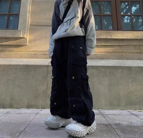 Retro heavy-duty multi-pocket loose wide-leg overalls