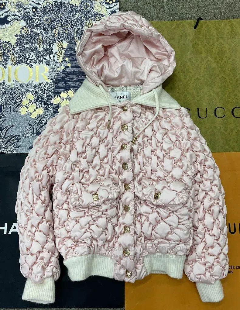 Chanel 22N Pink Quilted Down Jacket.