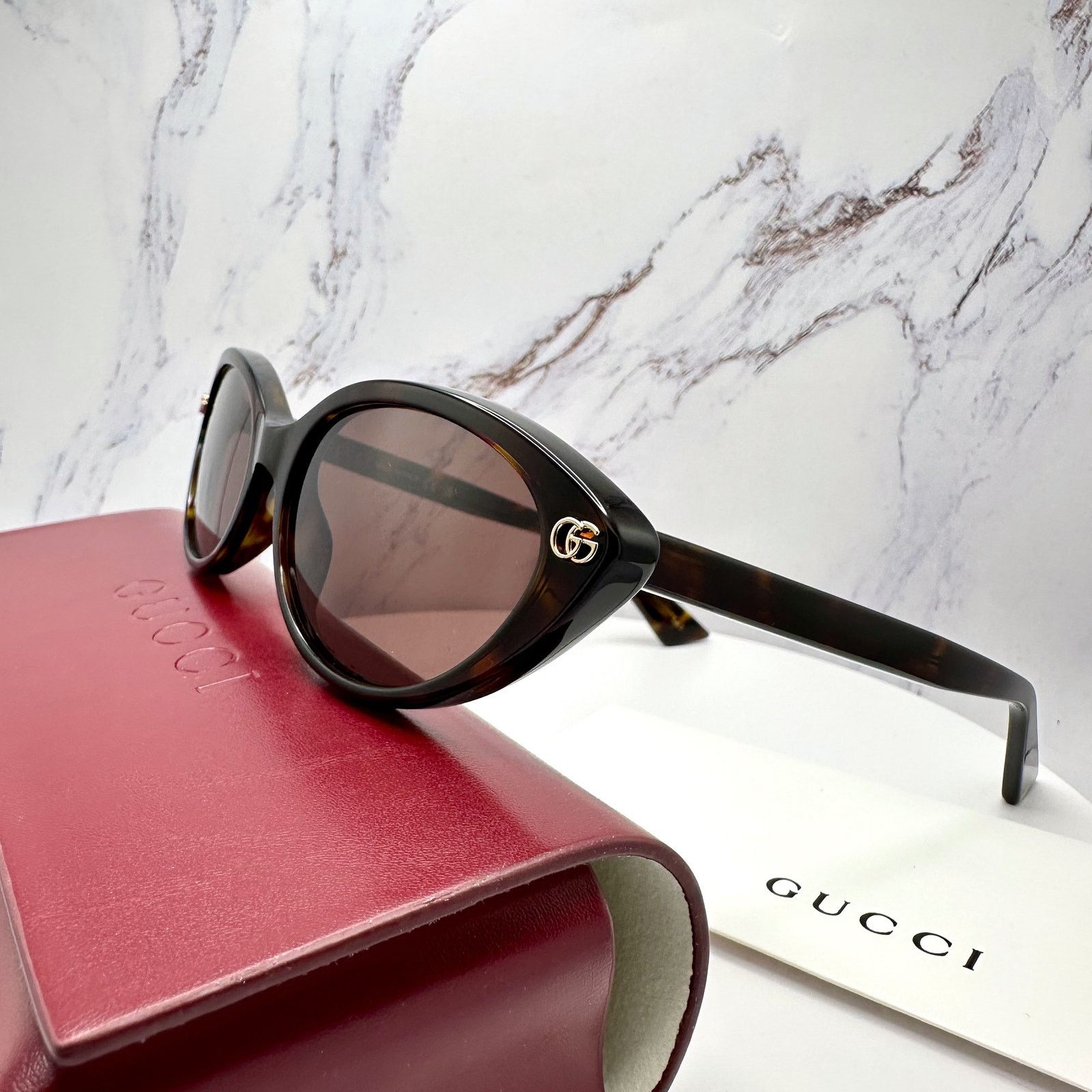 Gucci New GUCCI Sunglasses Brown Cat Eye Gold Metal Front GG Logo Size ONE SIZE - 5 Thumbnail