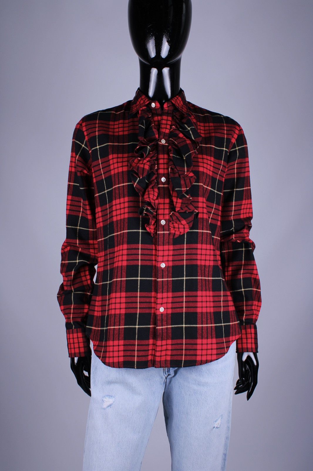 Designer × Ralph Lauren RALPH LAUREN Ruffle Red Black Plaid Long Sleeve Shirt Top Size S / US 4 / IT 40 - 1 Thumbnail