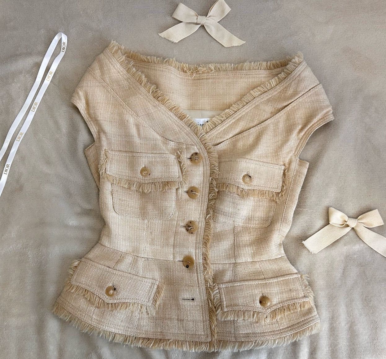 Dior × John Galliano Dior Vintage (2011) Off the Shoulder Bar Vest - Beige Tweed Size XS / US 0-2 / IT 36-38 - 4 Thumbnail