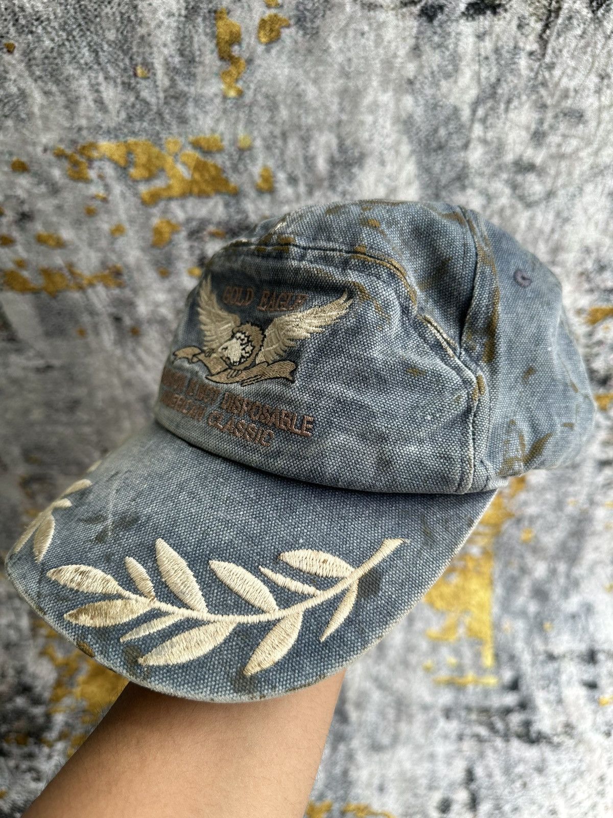 Le Grande Bleu (L.G.B.) 💸BINDING OFFER💸 VINTAGE GOLD EAGLE TRASHED TRASHED DENIM HAT Size ONE SIZE - 2 Thumbnail