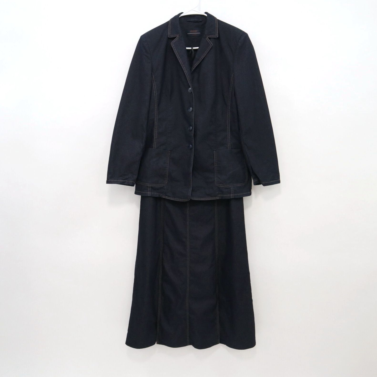 image of Vintage Basler Jeans Blazer Jacket Maxi Skirt Set Womens Us8 D38 Blue Denim Stretch Shoes in White