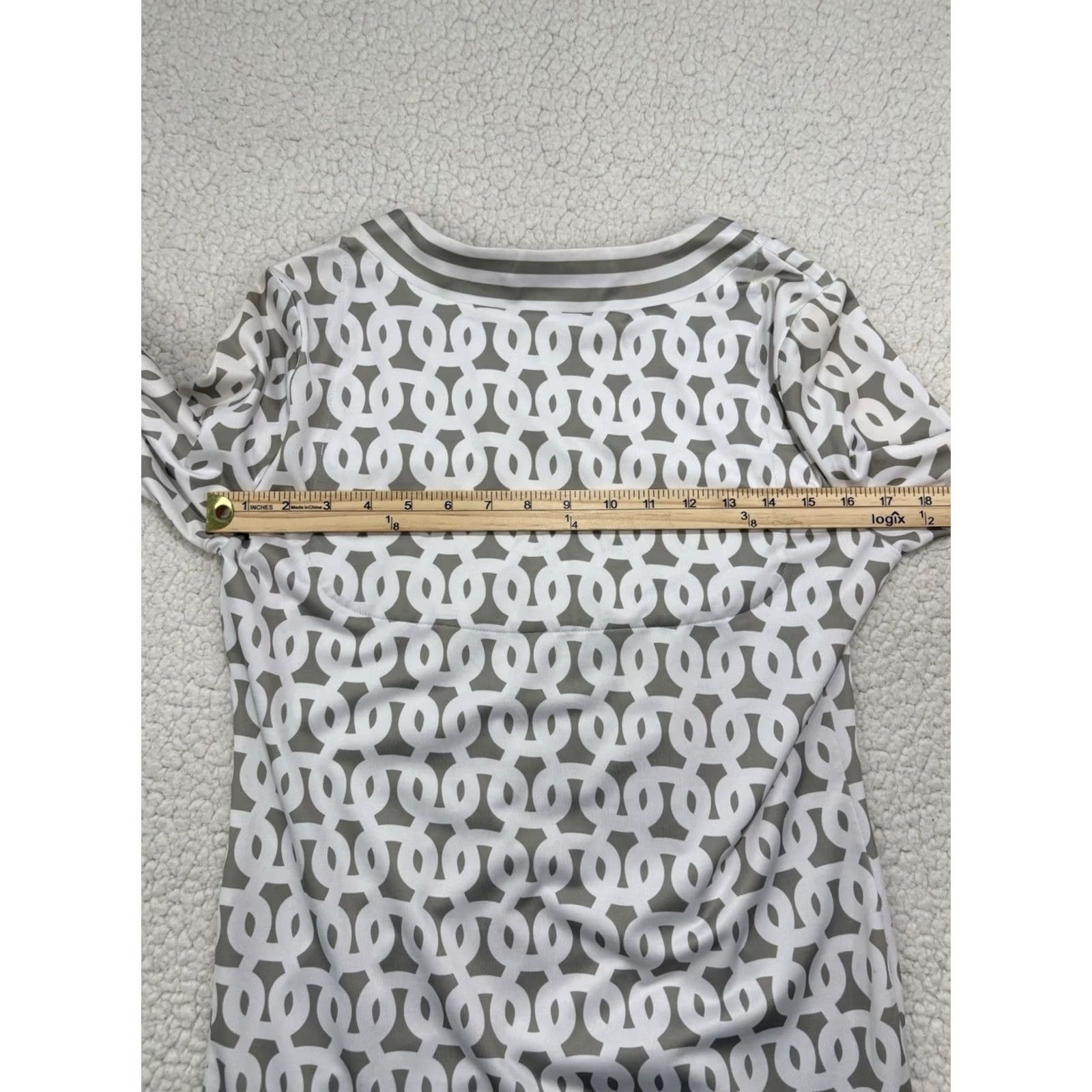 Vintage Gretchen Scott Geometric Knit Jersey Dress Split Neck 3/4 Sleeve XS Grey White Knee Length Size XS / US 0-2 / IT 36-38 - 6 Thumbnail