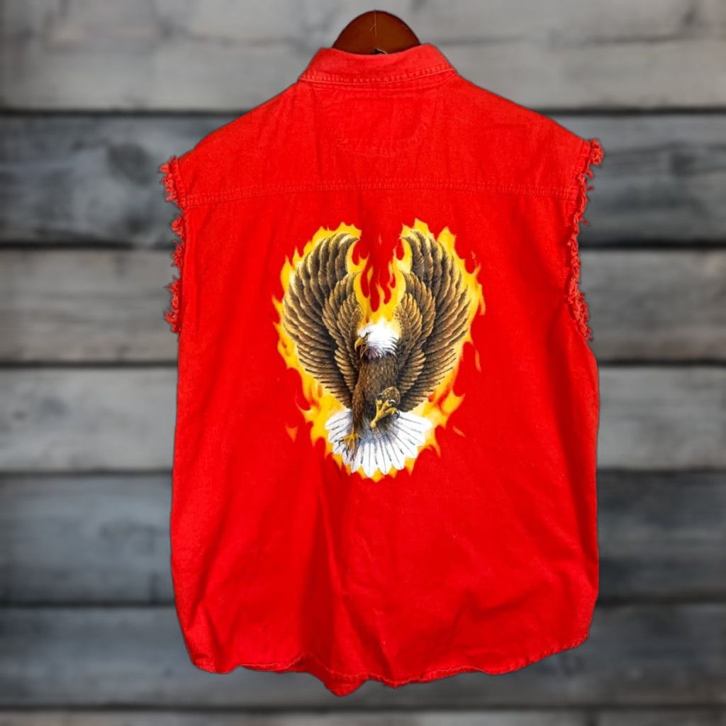 Vintage Twin Motorcycle Apparel Sleeveless Button-Up Shirt Adult Large Orange Flaming Eagle Biker Mens Size US L / EU 52-54 / 3 - 1 Thumbnail