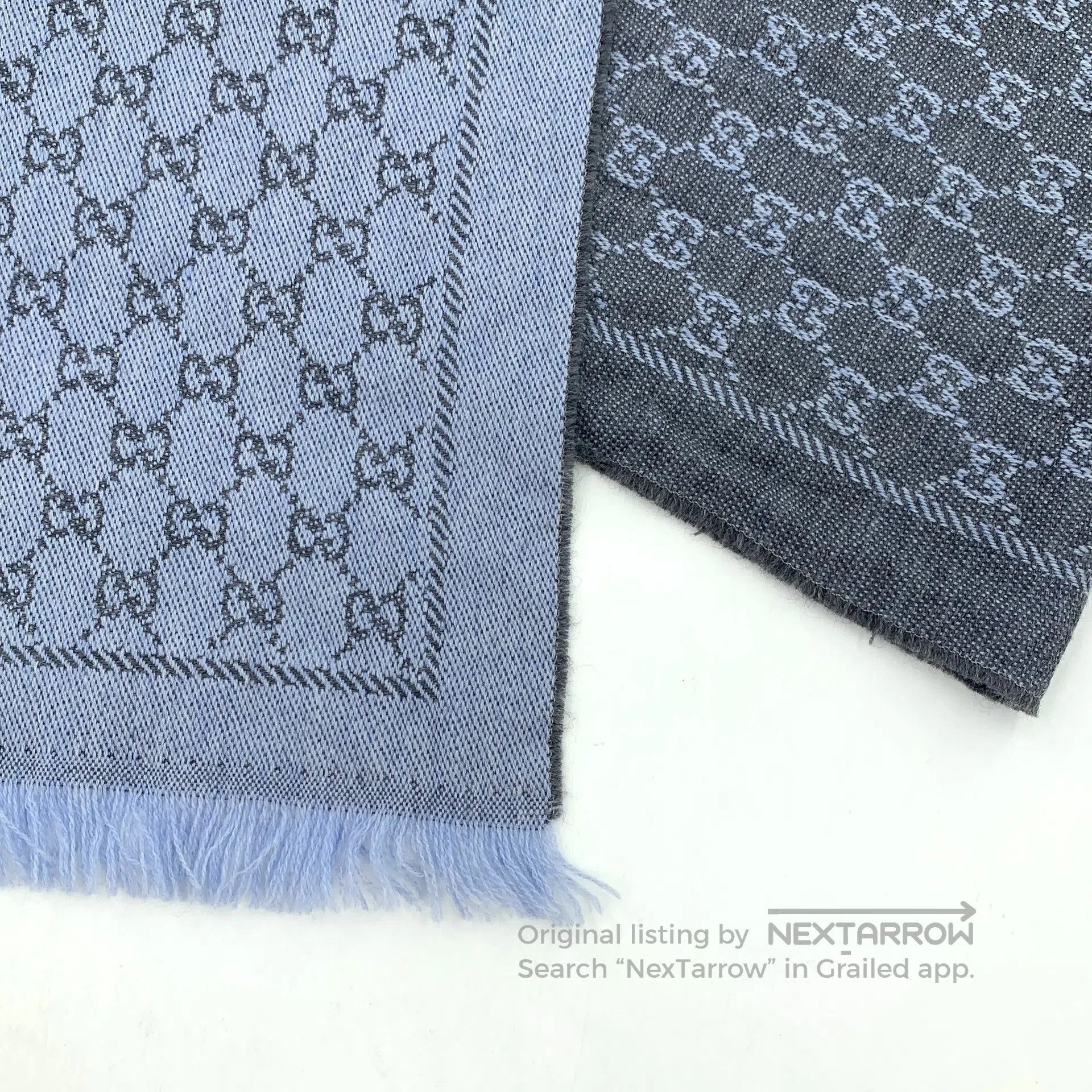 Gucci Guicci Blue-Gray Logo Jacquard Full Print Fringe Scarf| Size ONE SIZE - 6 Thumbnail